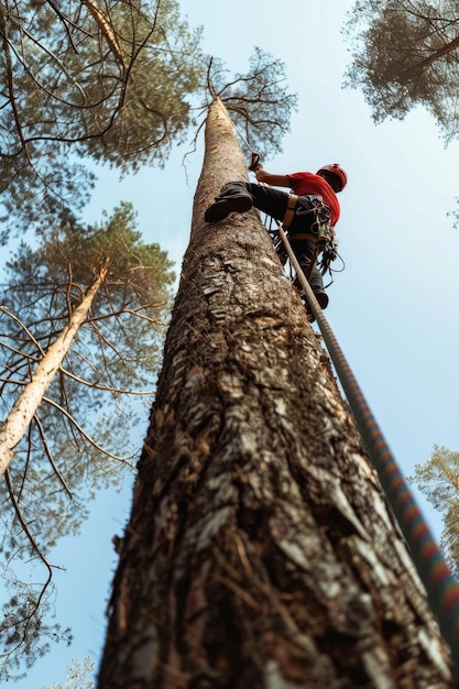 Man climbing up tall tree