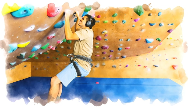 A man climbs a rock in an indoor gym Colorful climbing and walls emphasize his focus and determinat