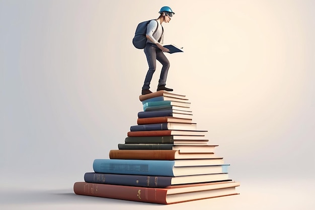 Photo man climbs on a stack of books using a ladder scholarship and education concept