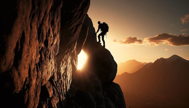 Man climbs up mountain climber on rock wall at sunset Generative Ai