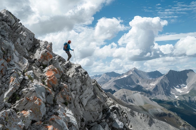 Photo a man climbs up a sheer mountain face showcasing determination and physical prowess communicate the thrill of conquering challenging peaks and rocky terrain