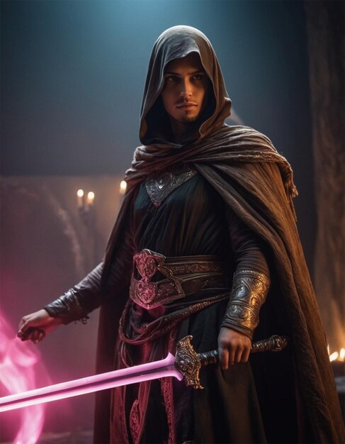 a man in a cloak with a sword in his hand and a pink light behind him