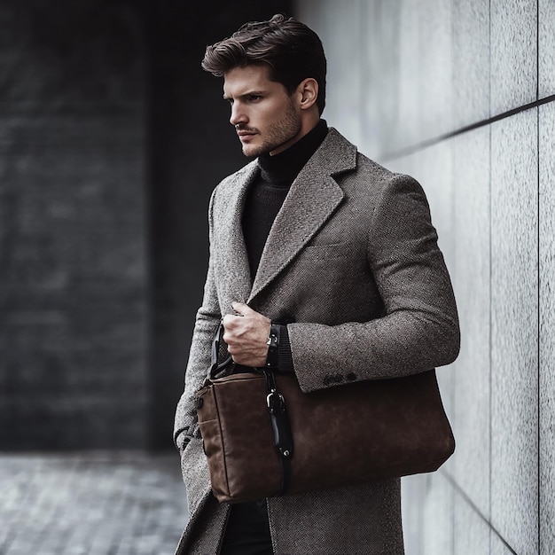 Photo a man in a coat and a bag stands in front of a building