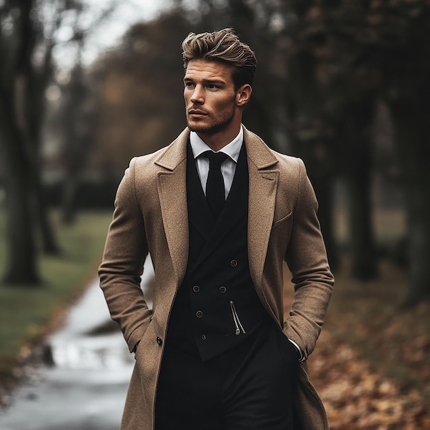 Photo a man in a coat and a tie is walking down a road