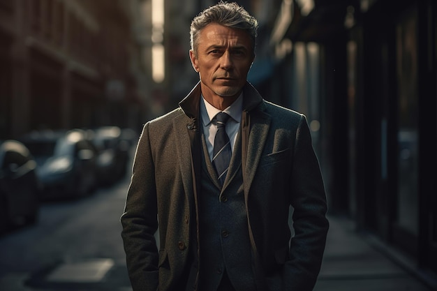 A man in a coat and tie stands in the street in london.