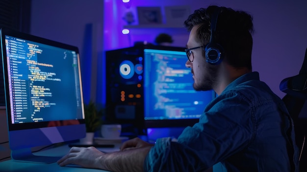 Man coding on multiple monitors A focused individual is engaged in programming on dual screens in a lowlit room representing technology and concentration