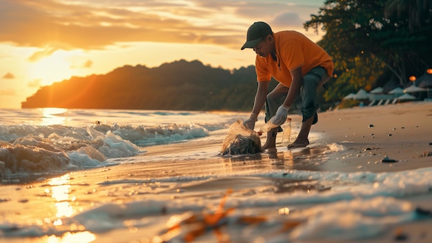 Man collecting trash from the beac