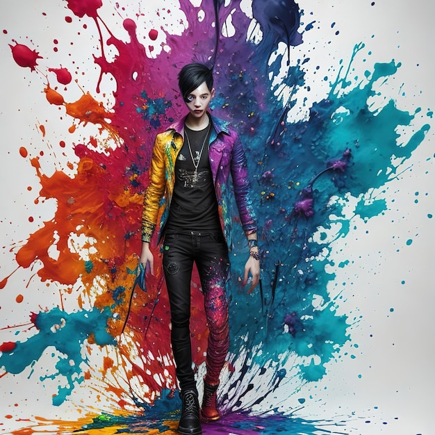 A man in a colorful jacket and pants stands in front of a colorful splash.