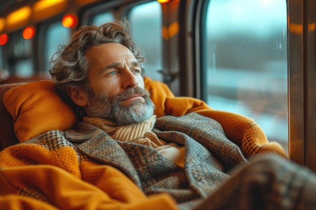 A man in a comfortable railroad car