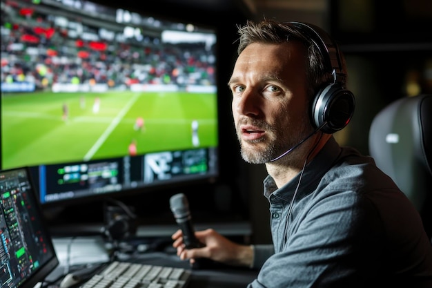 Photo a man commentating on a soccer game with a microphone