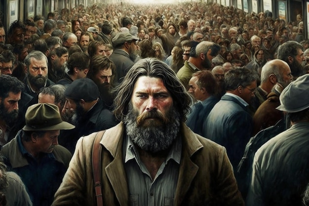 A man commuting with a large crowd.