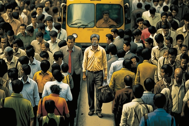 A man commuting with a large crowd.