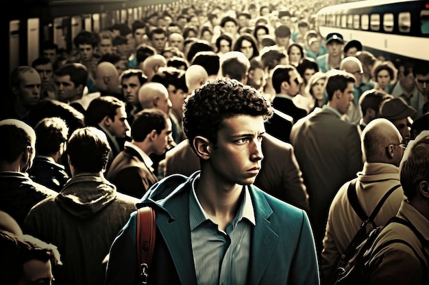 A man commuting with a large crowd.