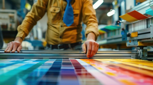 Man comparing color swatches for printing accuracy