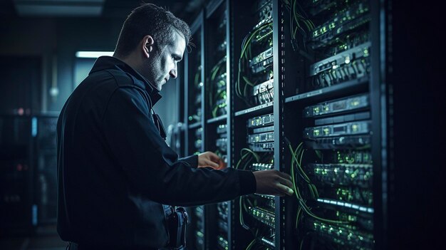 a man in a computer lab with a lot of data on the top