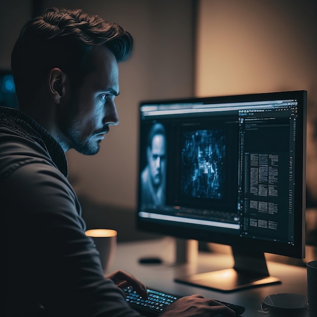 Man at computer using IA realistic high contrast cinematic light