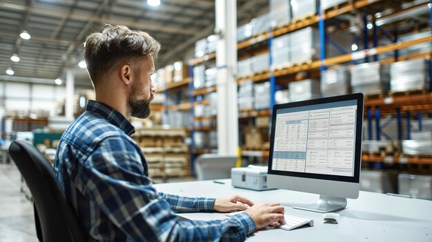 Photo man at computer in warehouse managing inventory