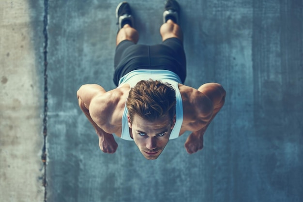 A man confidently executes a handstand balancing his body against a sturdy wall A perfect form pushup from a top angle AI Generated