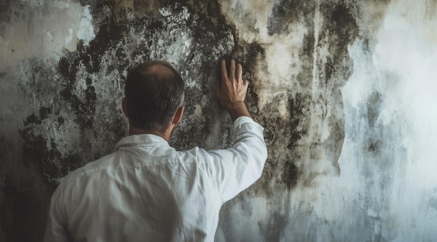 A Man Confronts the Presence of Mold on a Wall A Touch of Concern and Urgency to Address It