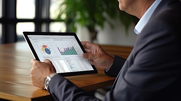 A man considering a report on financial indicators on the tablet