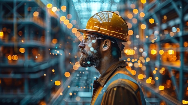 a man in a construction helmet stands in front of a building with lights on the background