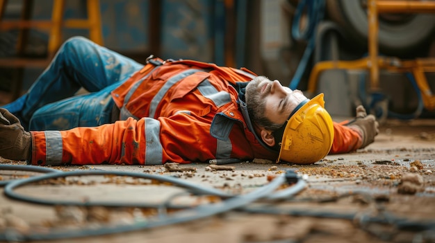 Photo a man in a construction site is laying on the ground