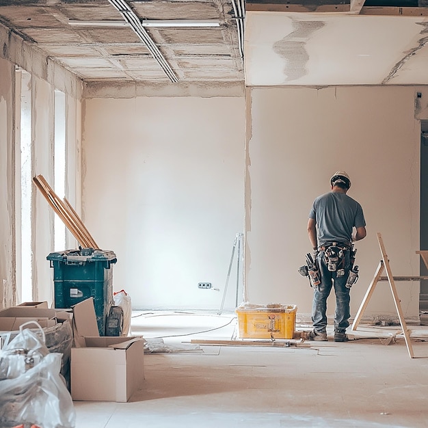 a man in a construction site with a bucket of paint