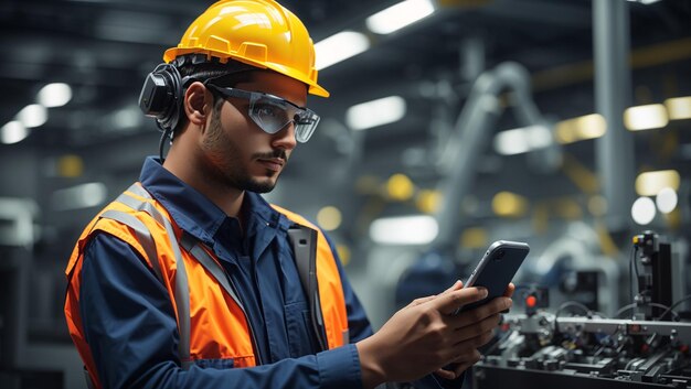 Photo a man in a construction suit is using a phone and wearing goggles