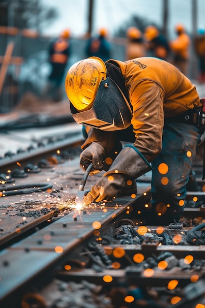 Photo a man in a construction suit is working on a metal piece with a hammer