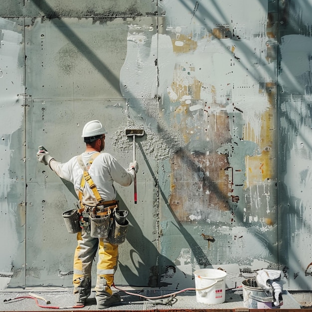 Photo a man in a construction uniform is working on a wall with paint peeling off