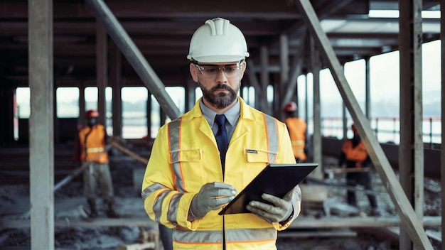 a man in a construction uniform reading a book