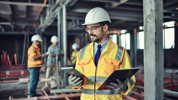 a man in a construction vest is holding a book