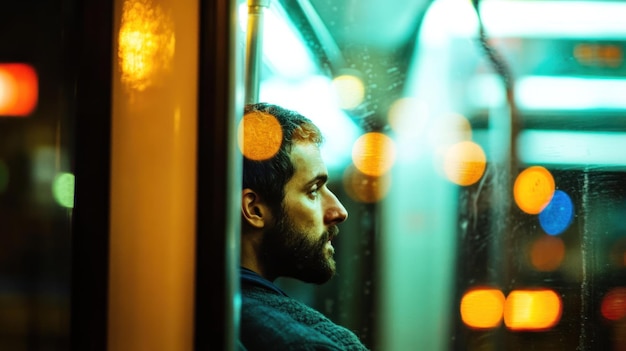 Photo man contemplating city lights from inside a train