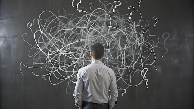 Photo man contemplating a complex problem on a blackboard