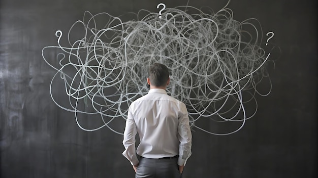 Man Contemplating a Complex Problem on a Blackboard