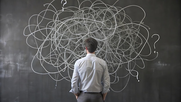 Man Contemplating a Complex Problem on a Blackboard