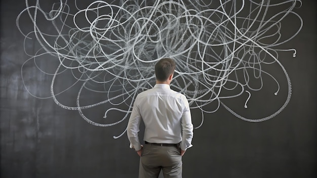 Man Contemplating a Complex Problem on a Blackboard