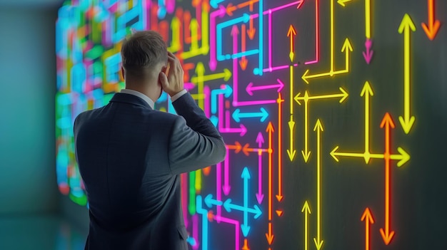 Photo man contemplating neon arrows on a wall decisionmaking and thought process concept