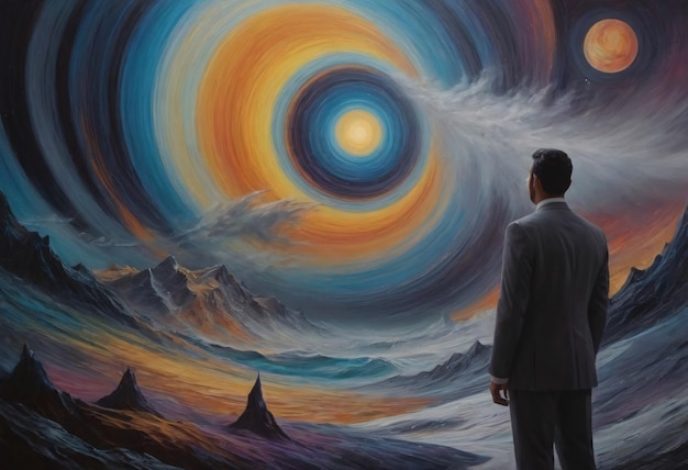 Man Contemplating a Surreal Cosmic Vortex in a DuskLit Alien Landscape