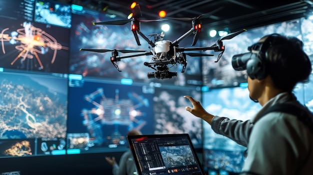 Man controlling drones in exhibition hall