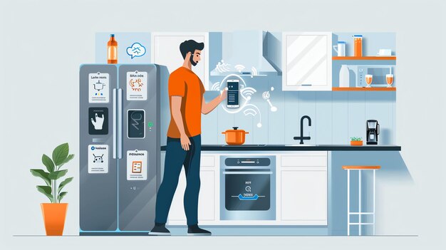 Photo a man controls smart home appliances in a modern kitchen with his smartphone