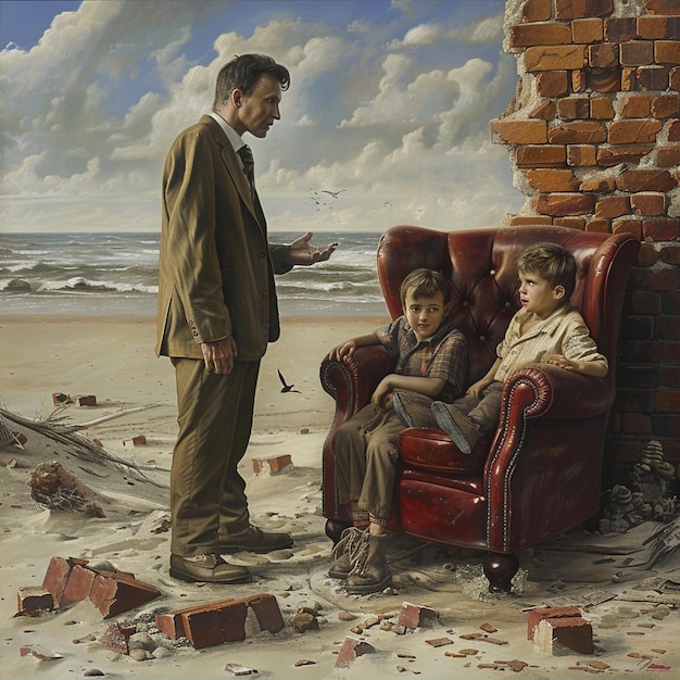 Photo man converses with a brick wall leather chair and kids at a beach