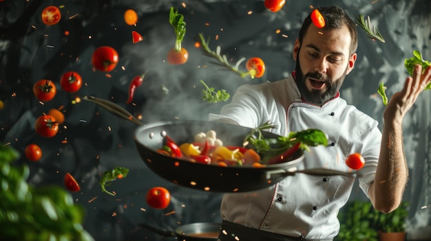 Photo a man cook holding a pan with vegetables flying in the airai generated image