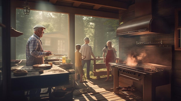 A man cooking in a backyard with a grill that says'l'on it