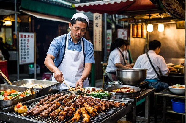 a man cooking food in front of a chinese restaurant