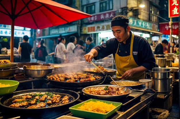 a man cooking food in front of a restaurant with a sign that says pans