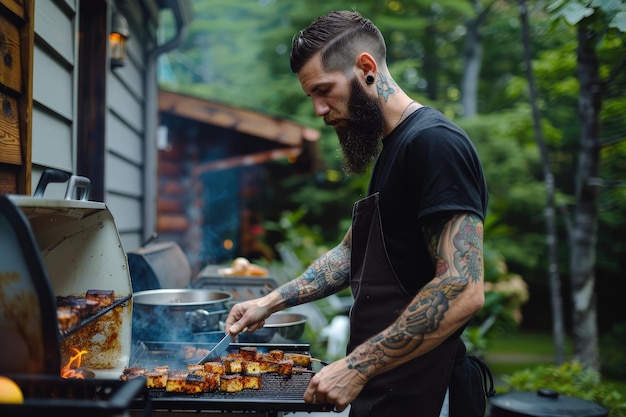 Photo a man cooking food on a grill outside