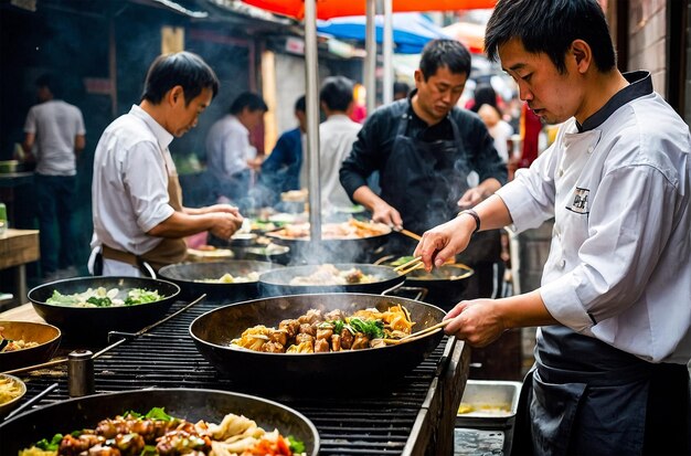 a man cooking food on a grill with other people cooking