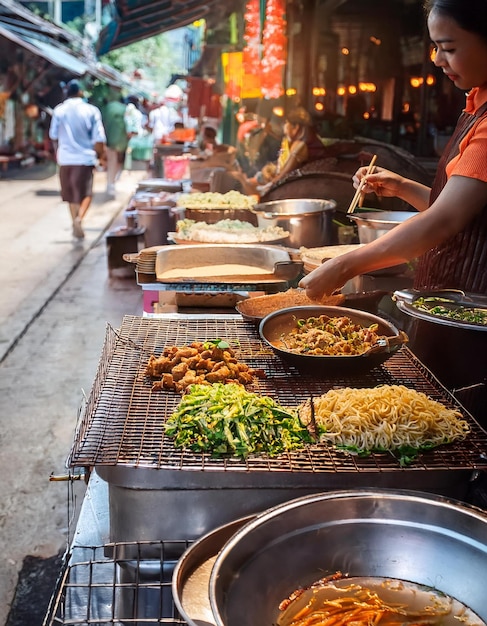 Photo a man cooking food on a grill with a sign that says quot noodle quot