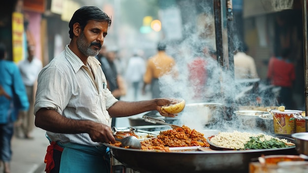 Photo a man cooking food in a street market